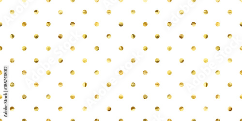 Gold foil seamless texture, shiny handmade circles. Golden glittering pattern. Shining hand drawn background. Wedding, greeting card decoration elements. Modern minimalist art. Vector illustration.