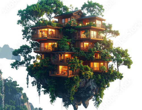 Floating Wooden Village Tower with Tree Growth, surreal concept art, isolated