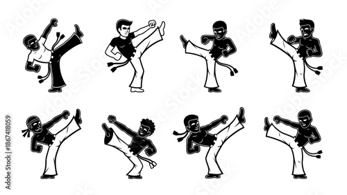 capoeira fighters performing dynamic kicks and movements in martial arts combat sequence illustration