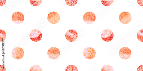 Rose gold foil seamless texture, shiny handmade circles. Golden glittering pattern. Shining hand drawn background. Wedding, greeting card decoration. Modern minimalist art. Vector illustration.