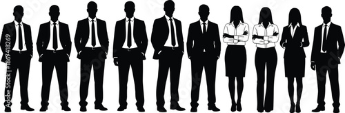 Corporate business team silhouettes standing in line, professional men women executives wearing formal suits, office workforce isolated, black vector illustration set
