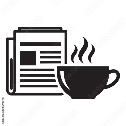 Hot coffee and newspaper flat icon for morning routine
