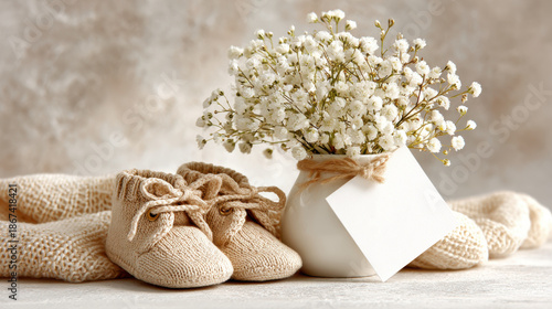 Baby booties with flowers and a blank card for a baby birth announcement. This image features baby shoes, a bouquet of flowers, and a blank card, perfect for a baby announcement