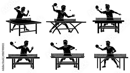 A collection of black and white vector silhouettes showing six different male players actively engaged in playing table tennis or ping pong, with bats and balls visible