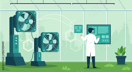 Innovative agricultural technology: A scientist analyzes data in a climate-controlled greenhouse