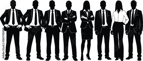 Corporate business team silhouettes standing together, professional men women executives in formal suits, office workforce isolated, black vector illustration set