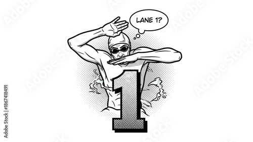 A male swimmer in racing gear, wearing goggles and swim cap, making a swimming gesture with his hands, with a thought bubble above him saying “lane 1?” and a large number one