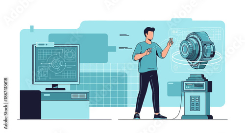 Innovative engineer interacting with a virtual prototype in an advanced technological environment