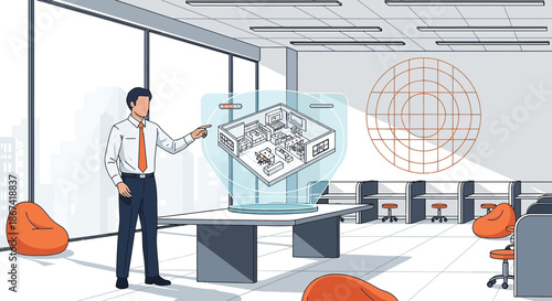 Innovative office design utilizing holographic technology for visualizing interior layouts and