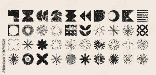 Brutalist geometric shapes, modern grunge symbols. Simple primitive elements and forms, distressed details. Retro design, aged, vintage, trendy contemporary minimalist style, y2k. Vector illustration.