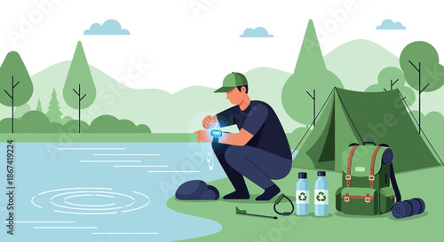 Man interacting with his smart watch during camping in the woods next to the lake