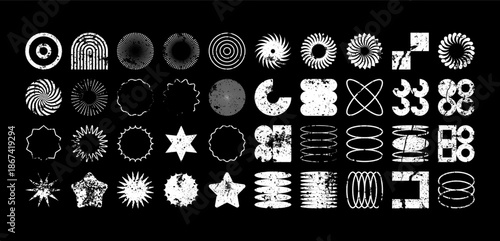 Brutalist geometric shapes, modern grunge symbols. Simple primitive elements and forms, distressed details. Retro design, aged, vintage, trendy contemporary minimalist style, y2k. Vector illustration.