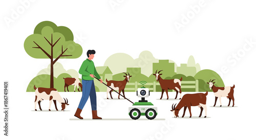 Modern Agriculture: A farmer uses a Robot to Herd Goats with a verdant background landscape