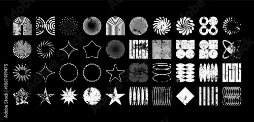 Brutalist geometric shapes, modern grunge symbols. Simple primitive elements and forms, distressed details. Retro design, aged, vintage, trendy contemporary minimalist style, y2k. Vector illustration.