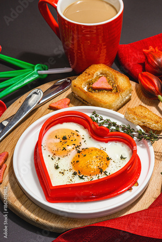 Heart-shaped fried egg served with toasted bread. Romantic art food idea for Valentine's breakfast
