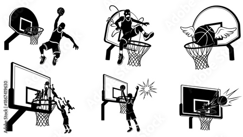 energetic basketball players performing dynamic dunks and jumps around hoop, capturing athleticism and action in silhouette for sports graphics and fan art