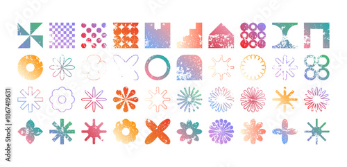 Brutalist geometric shapes, modern grunge symbols. Simple primitive elements and forms, distressed details. Retro design, aged, vintage, trendy contemporary minimalist style, y2k. Vector illustration.