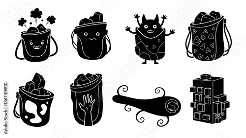 collection of eight cute cartoon style black silhouette icons featuring monsters and objects like buckets with gems and a scroll on a white background ideal for game assets or children illustrations