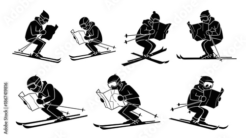 skier wearing winter clothes and goggles reading a map on ski slope representing travel navigation and outdoor adventure vector illustration