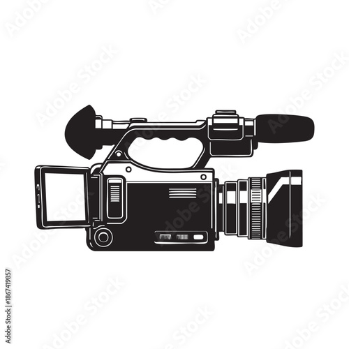 Professional handheld video camera recorder with accessories isolated