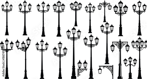 Assortment of vintage and ornate street lamp post silhouettes on white background Keywords: street lamp, lamp post, lighting