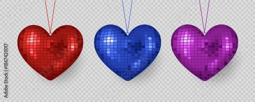 Heart-Shaped Disco Ball set. Valentines Day decoration. Vector illustration isolated on a transparent background