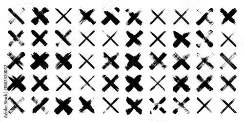 Grunge crosses, brush strokes, x mark, lines, ink smudges, hand-drawn scribble shapes. Handmade sketchy marks, acrylic stains, charcoal streaks. Paint textures, dry brush effect. Vector illustration.