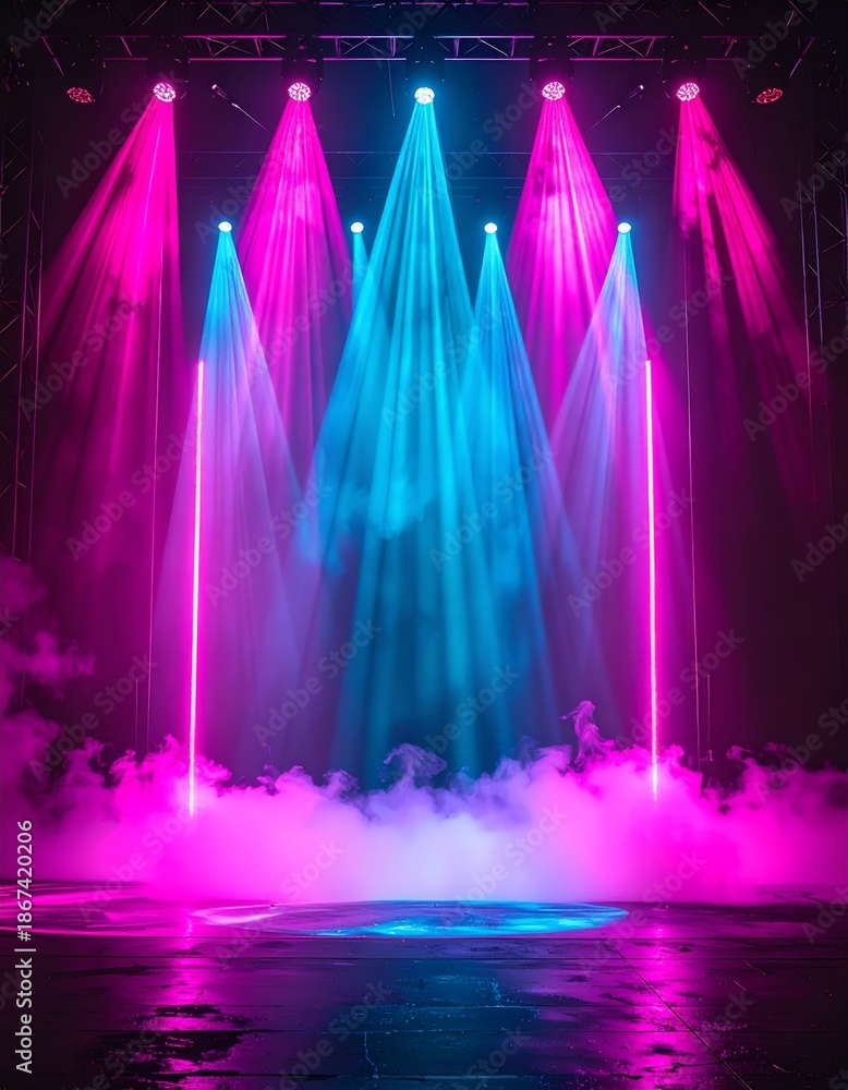 Fototapeta premium Illuminated Stage with Pink and Blue Neon Lights and Fog on Reflective Floor