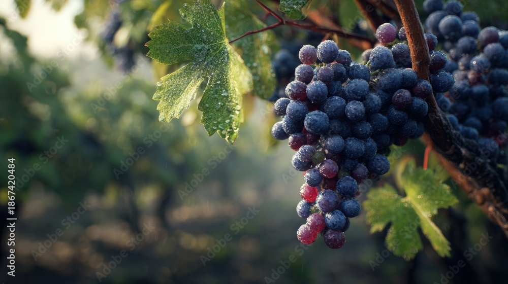 Fototapeta premium Close-up of Dewy Grape Clusters on Vine with Blurred Vineyard Background