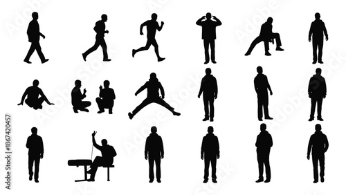 Collection of black silhouette figures depicting people in various actions and poses