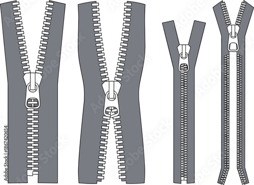 Close-up Flat Sketches of Gray Zippers in Various Open and Closed Positions fashion illustration