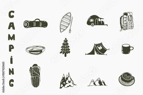 Outdoor camping life accessories and forest elements set for travel blog graphics