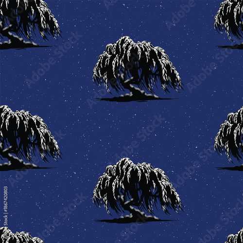 Hand drawn style snowy weeping willow trees seamless pattern, Japanese inspired, wood carving, block print texture nature background in indigo and white for textile and decoration.