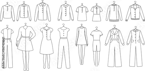 Collection of diverse clothing items for women and men on hangers apparel fashion