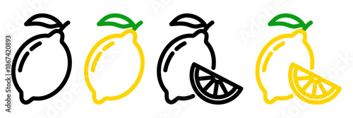 Lemon with slice icon. Vector sign of lemon and lemon wedge isolated. Outline style black and coloured illustration.