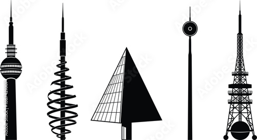 Collection of diverse communication and observation tower silhouettes on white background Keywords: tower, communication