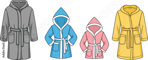 Collection of four hooded bathrobes in different colors and sizes dressing gown loungewear