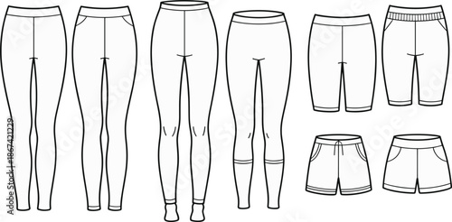 Collection of line drawings of various women's pants and shorts trousers leggings