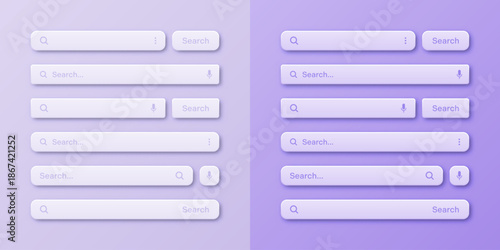 Colorful 3d search bar template. Internet browser engine with search box, address bar and text field. UI design, website interface element with web icons and push button. Vector illustration.