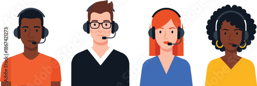 Customer support team illustration showing diverse call center agents wearing headsets, professional helpdesk operators for business communication service concepts