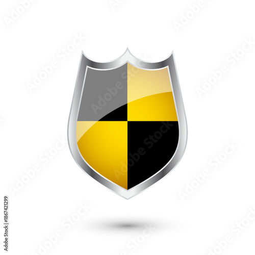 Glossy shield with yellow and black pattern. Security and protection concept. Cyber safety icons, internet privacy, web defense, digital data protection and antivirus themes. Vector illustration.