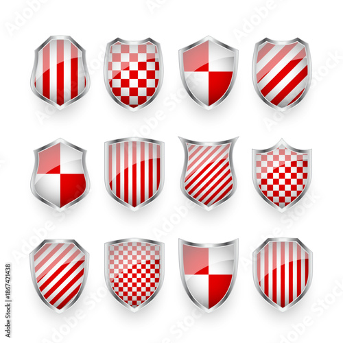 Glossy shields with red and black white. Security and protection concept. Cyber safety icons, internet privacy, web defense, digital data protection and antivirus themes. Vector illustration.