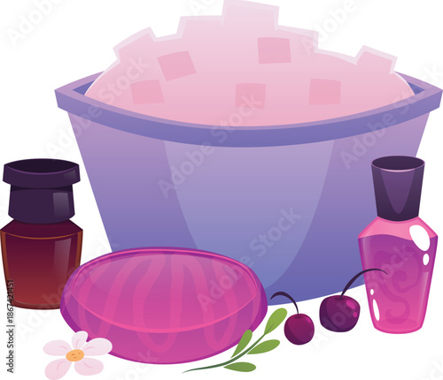 Bowl with soap ingredients, perfume glass bottle, flowers and berries, vector flat handmade natural soap workshop