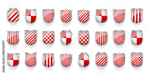 Glossy shields with red and black white. Security and protection concept. Cyber safety icons, internet privacy, web defense, digital data protection and antivirus themes. Vector illustration.
