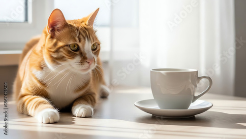 Ginger cat lying on table next to cup with saucer and window light  