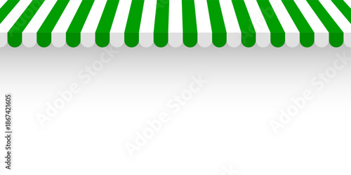 Shop sunshade. Realistic striped cafe awning. Outdoor market tent. Roof canopy. Summer street store. Vector illustration.