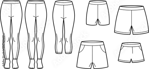 Fashion Design Flat Sketches of Leggings and Shorts with Detailed Outlines illustration