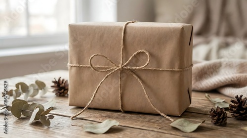 Natural eco gift box wrapped in brown kraft paper and twine,rustic handmade present with holiday decoration on wooden table