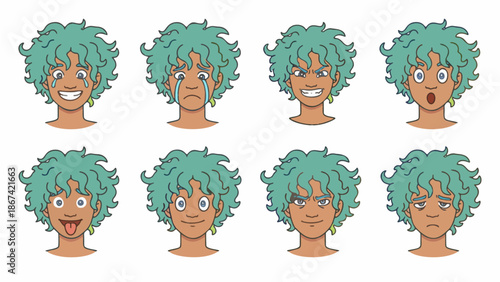 Set of 8 Diverse Facial Expressions for Cartoon Boy Character with Green Hair