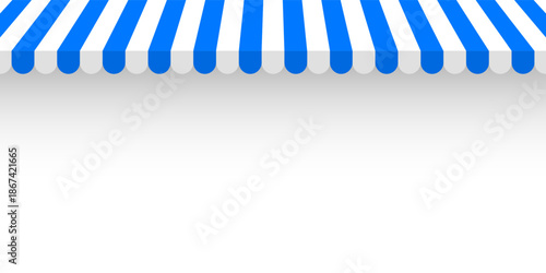 Shop sunshade. Realistic striped cafe awning. Outdoor market tent. Roof canopy. Summer street store. Vector illustration.